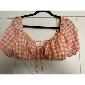 Native One Ladies Daisy‎ Duke Crop Top Salmon Gingham Checked Seersucker S